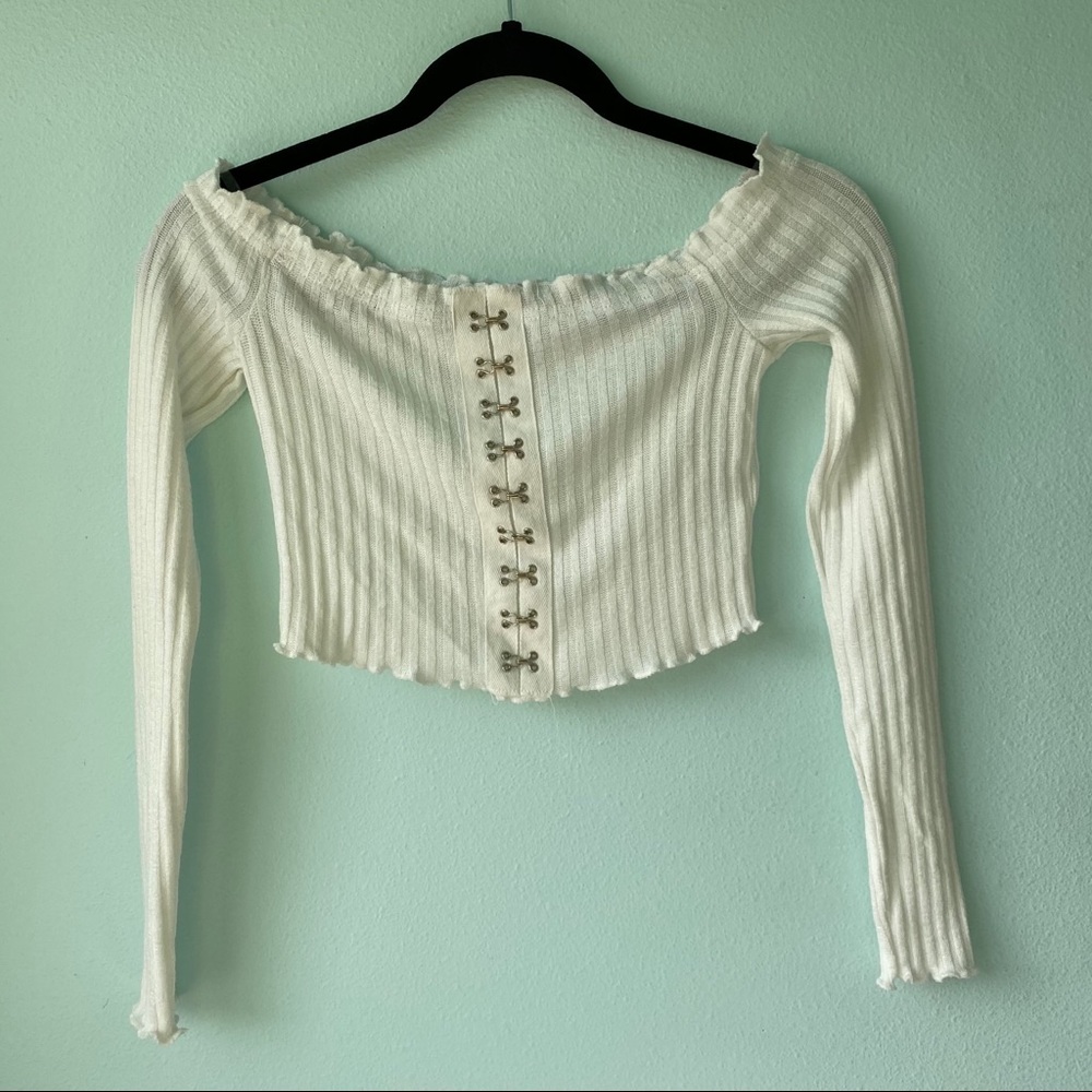 White Ribbed Off The Shoulder Crop Top
